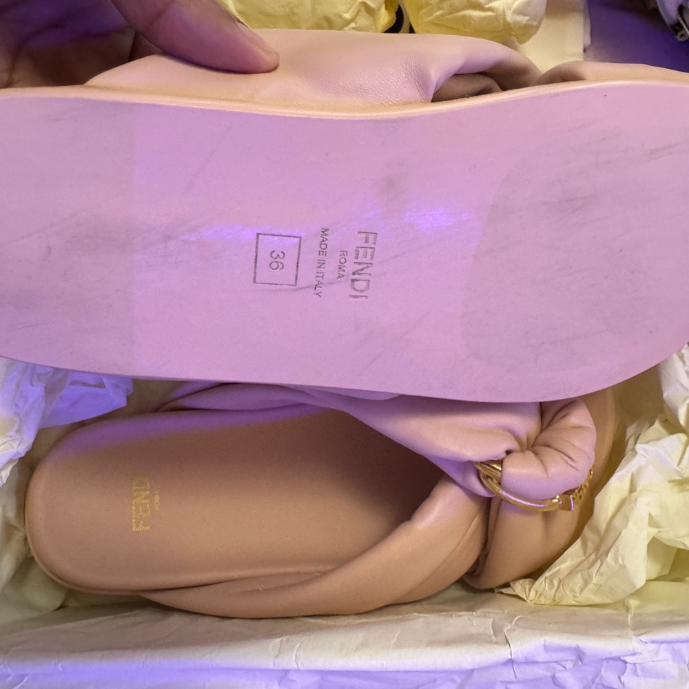 Fendi Blush Pink Knotted Slide Sandals with Gold Accent - Picture 7 of 9